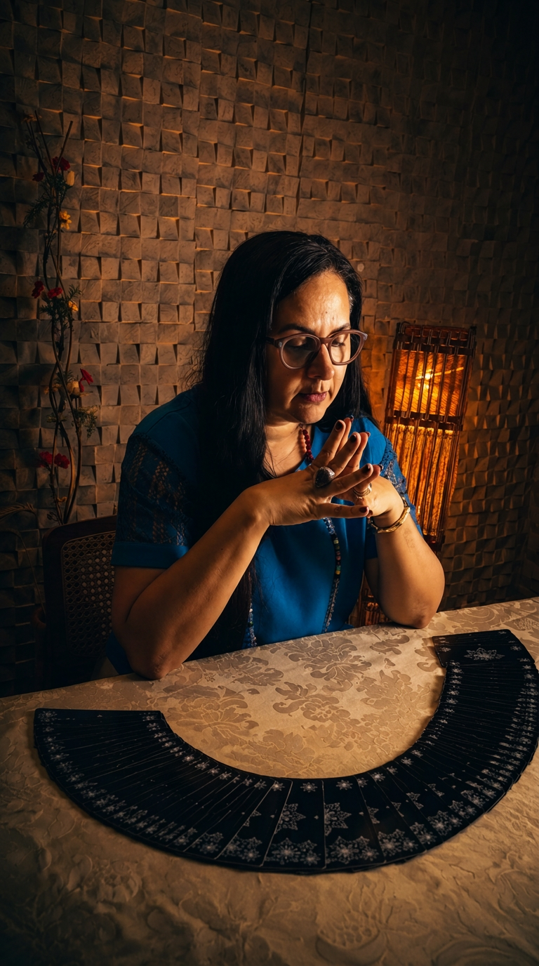 Bruna Machado em um momento de consulta de Tarô
